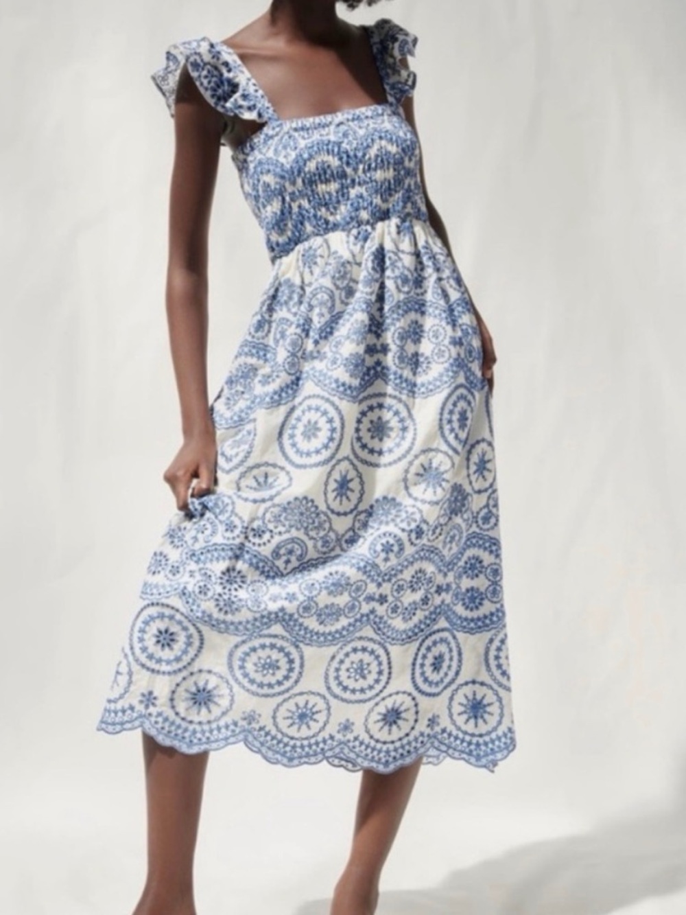 Zara-openwork embroidered floral eyelet Blue and White Midi Dress-S